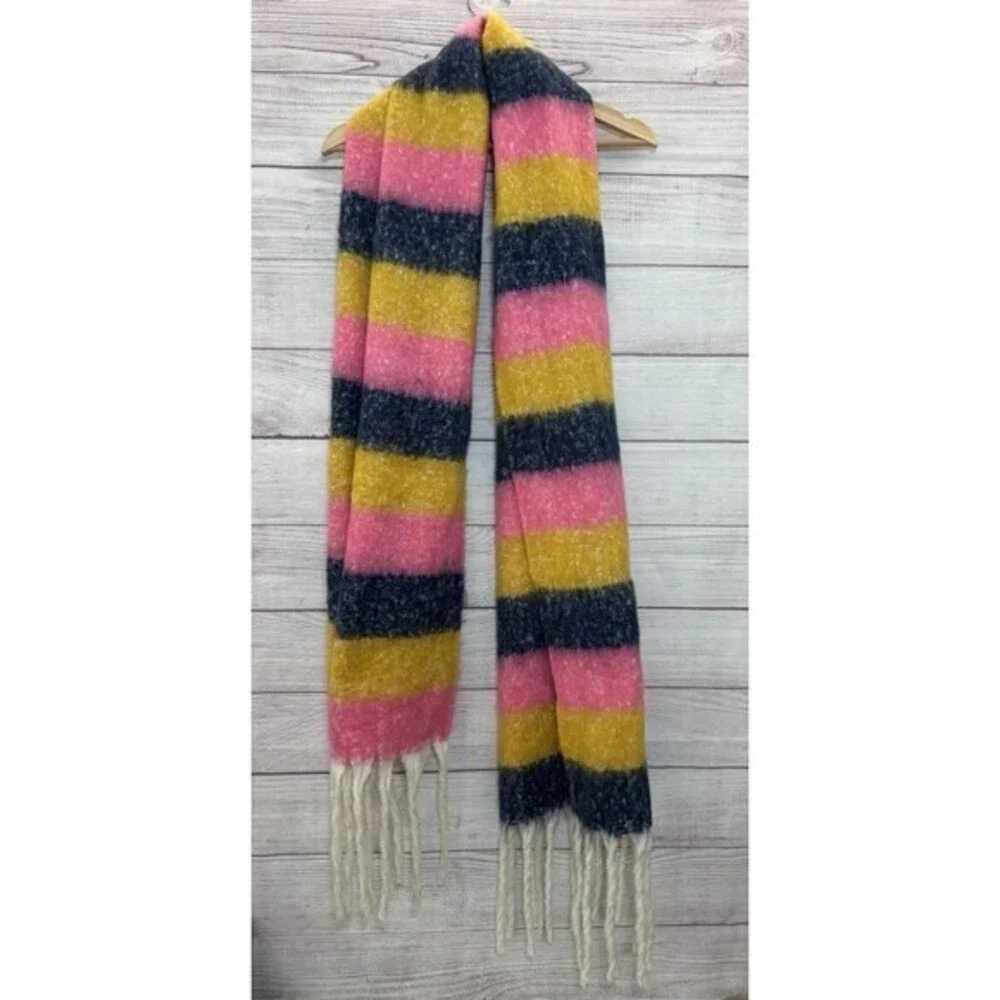 Aerie Scarf Womens Blanket Chunky Blue Yellow Pink Striped Fringe Soft 19